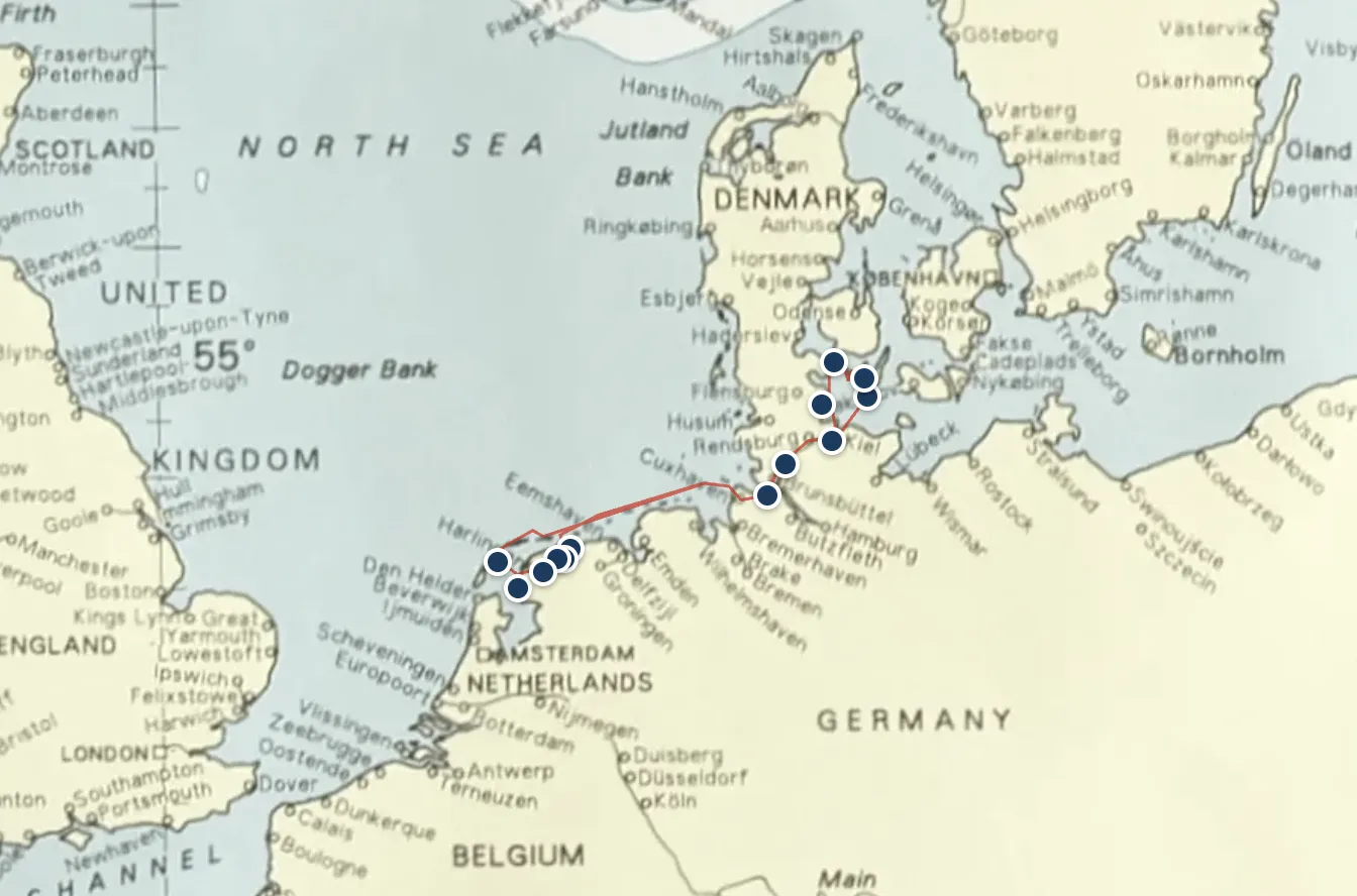 Geo-referenced nautical chart with our sailing track from the Frisian islands to the Baltic (the actual implementation uses SVG track overlay).