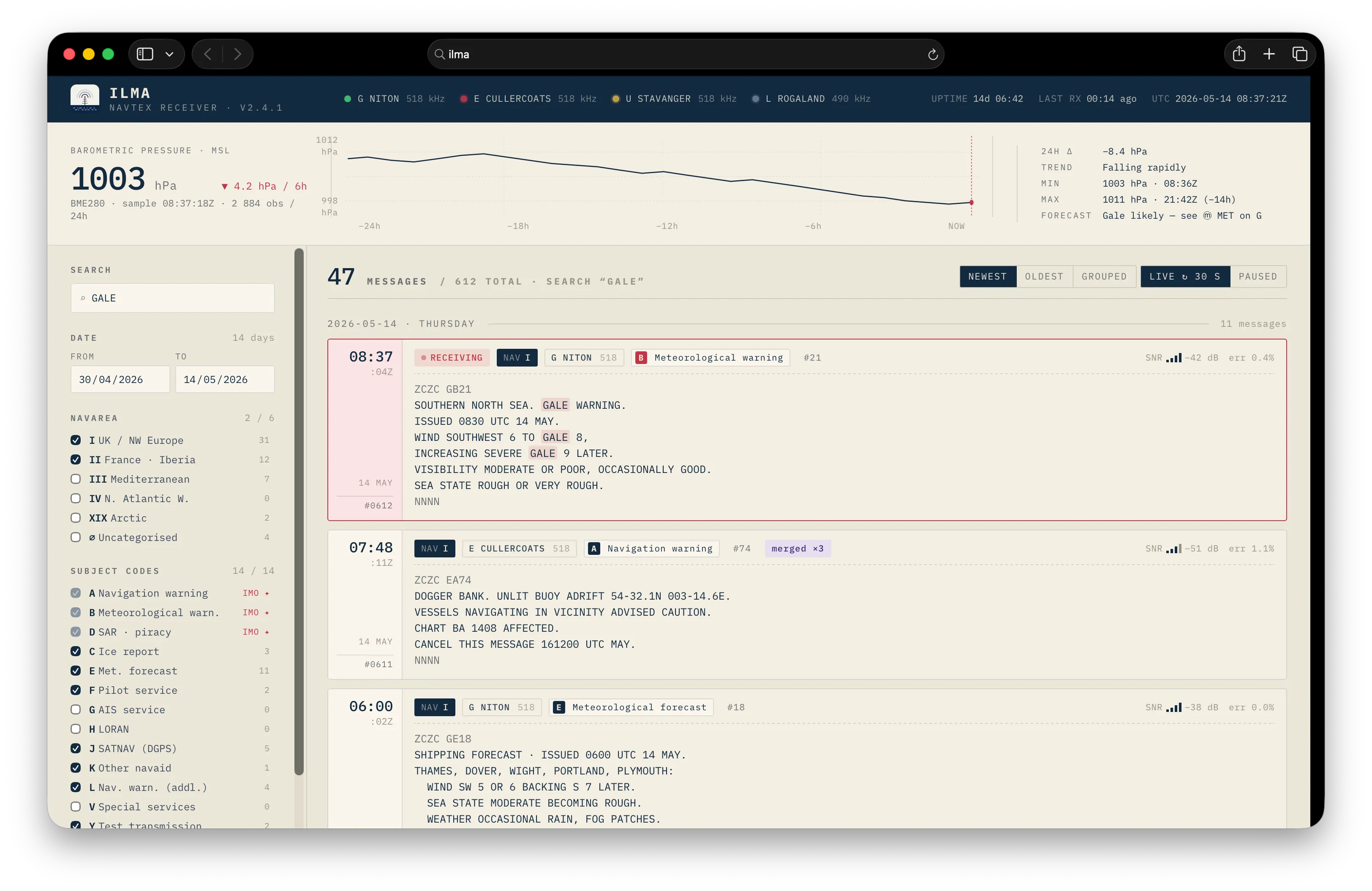 Web interface of the Navtex receiver.