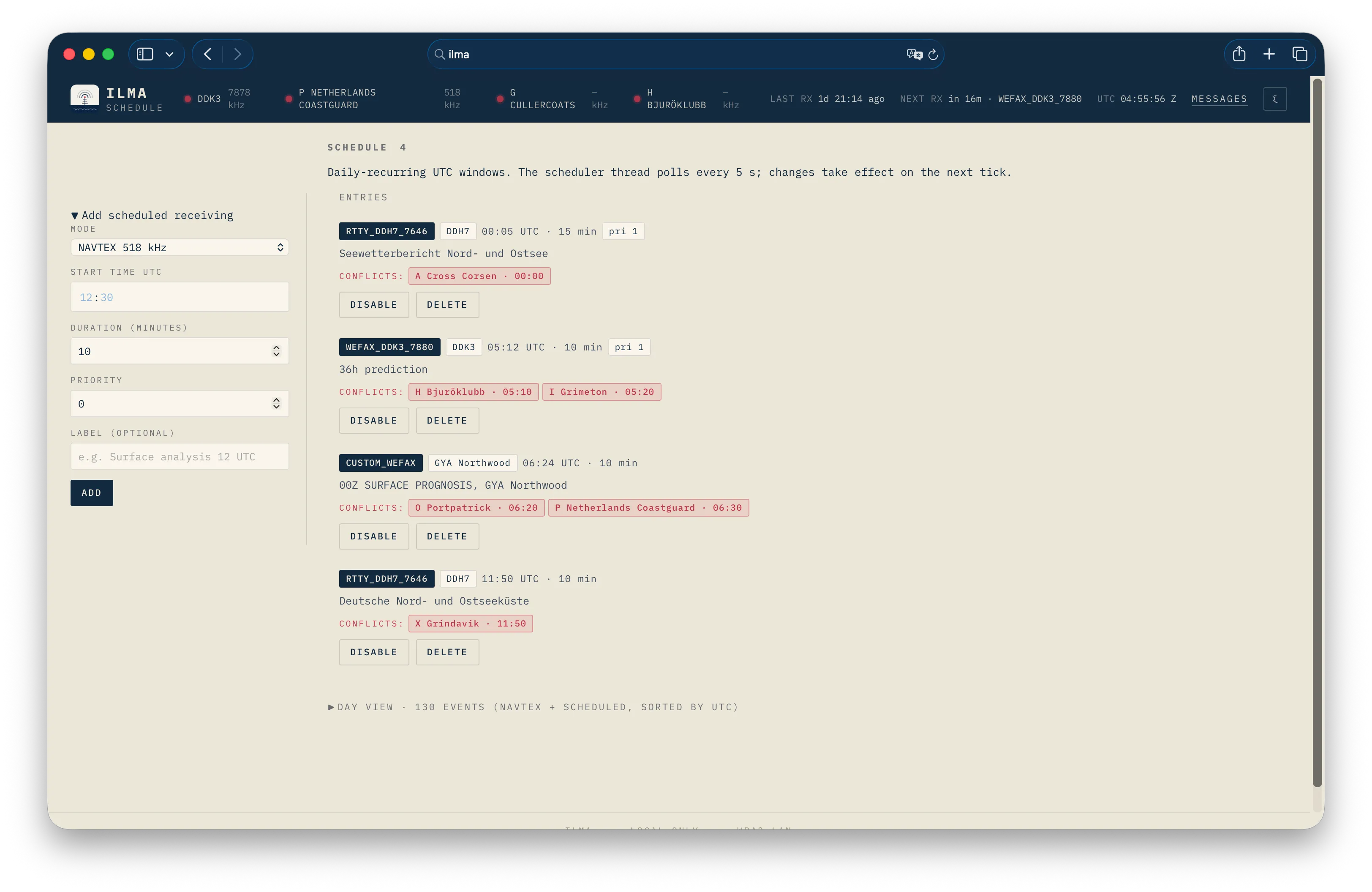 Ilma's scheduler page on the web UI.
