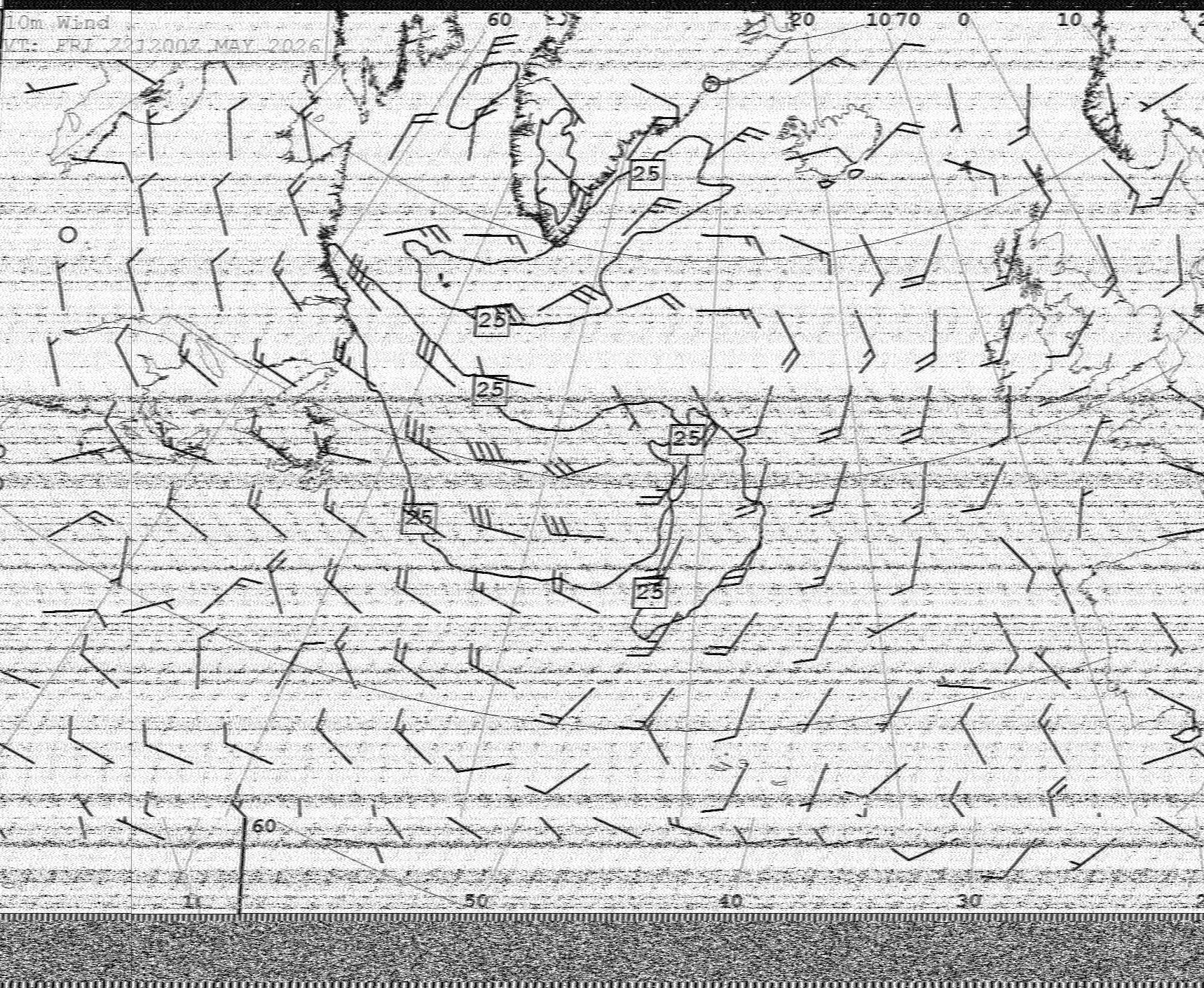 Ilma's decode of a weather fax received over the air on the Raspberry Pi.