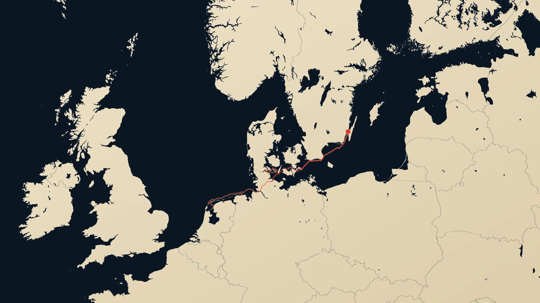 A position card in the parchment style: warm paper land, a navy hairline along every coast, and the passage from the Frisian islands to the Baltic drawn in red, ending at a dot off Kalmar.