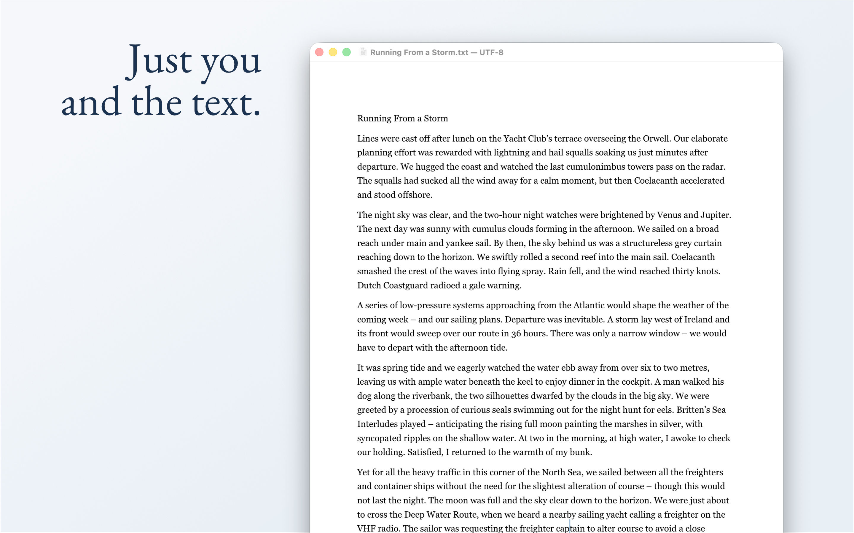 KlarText editor window showing a plain text document with the title 'Running From a Storm' — just you and the text.