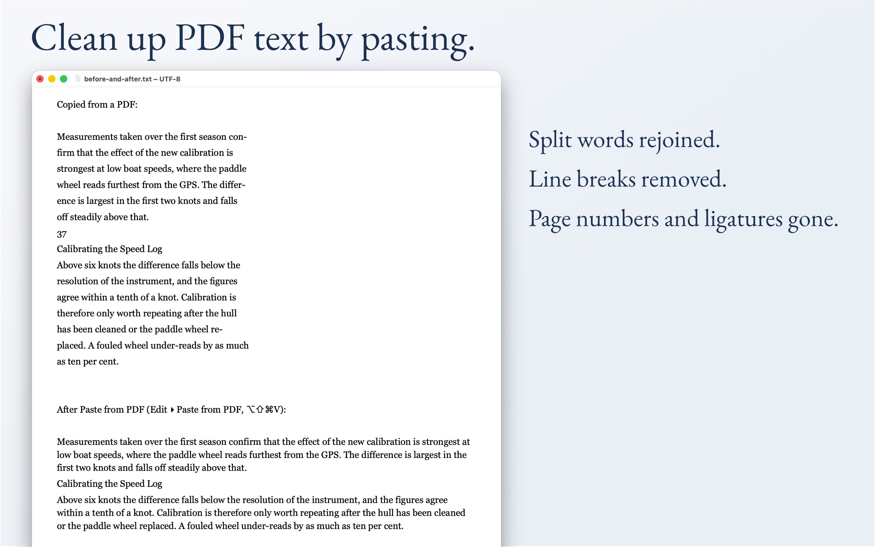KlarText showing text copied from a PDF with broken lines and a stray page number above, and the same text as clean paragraphs after Paste from PDF below.