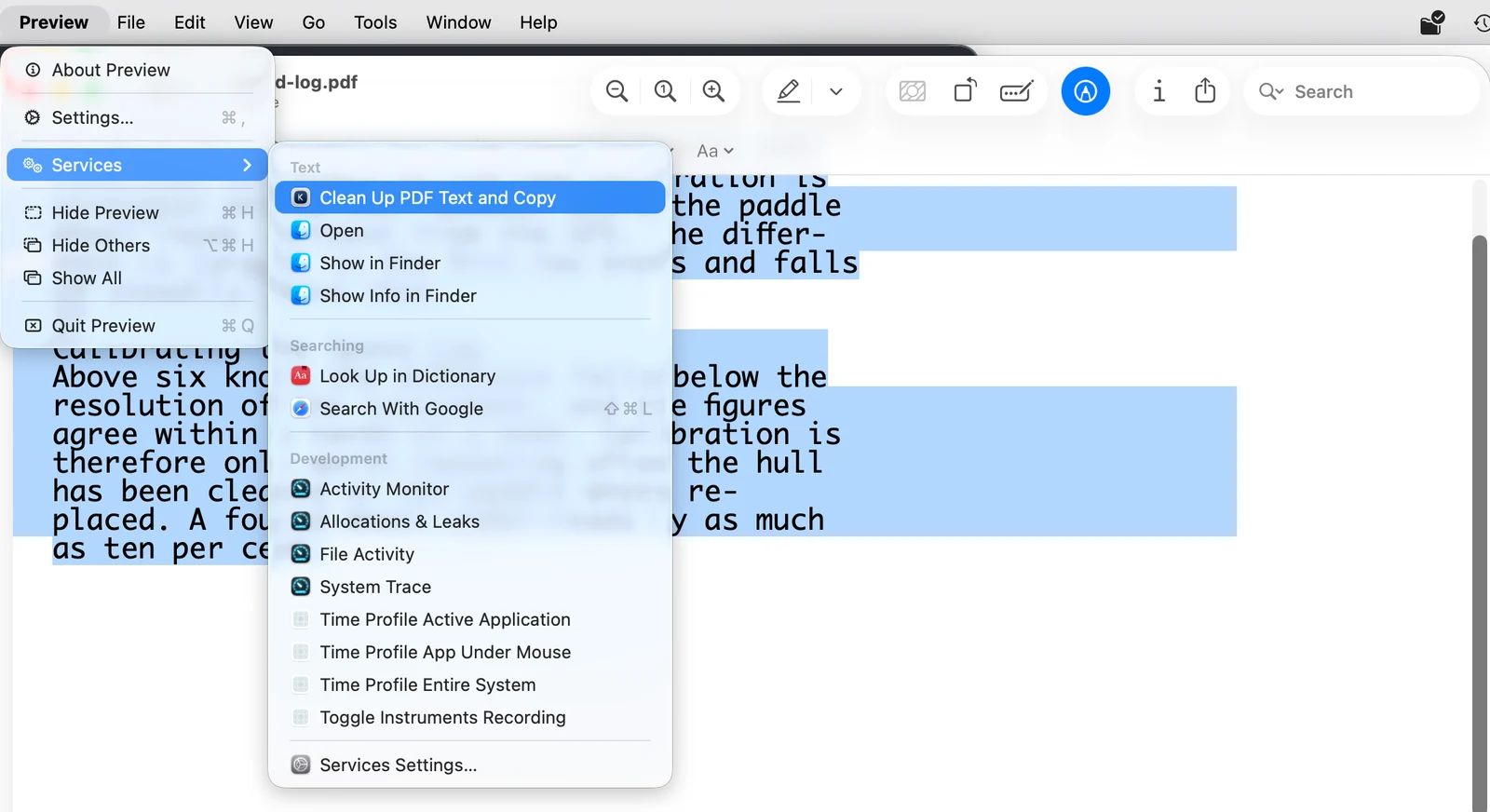 The Services submenu of Preview's application menu on macOS, with Clean Up PDF Text and Copy highlighted at the top under the heading Text, while a passage of the open PDF is selected behind it.