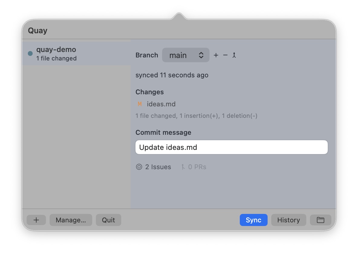 Quay menu bar app showing a commit message before syncing a repo